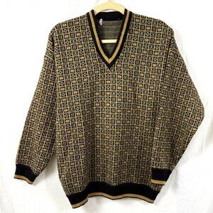 Vintage Sweater Mens Sz XL Black/Gold Geometric 90s Knit Pullover Grandpa Grunge